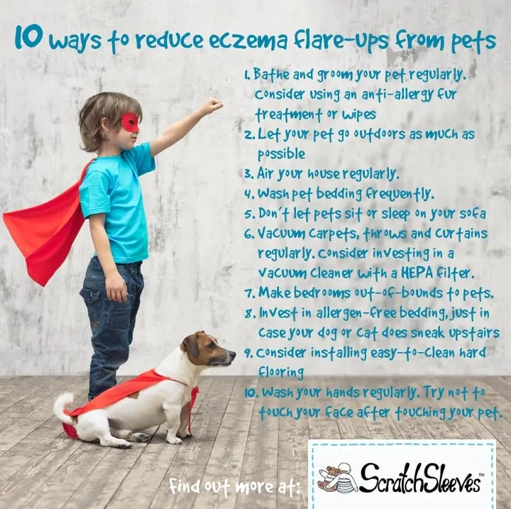 10 ways to reduce eczema flare-up from pets - text in article. Young boy and his dog both wearing red, superhero capes.