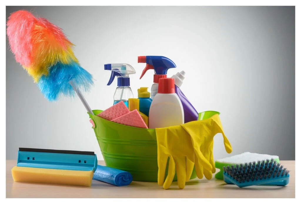 bucket of cleaning materials including cleaning agents for mould