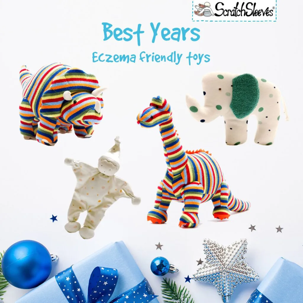 Stripy dinosaur cuddly toys in washable fabrics are perfect gifts for little ones with sensitive skin